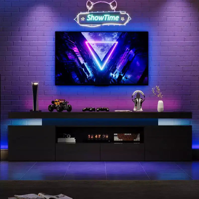 TV Stand for 75/80/85 Inch TV, Modern High Gloss Entertainment Center, Glass Storage Shelves, Media Console Table for Living Room & Bedroom