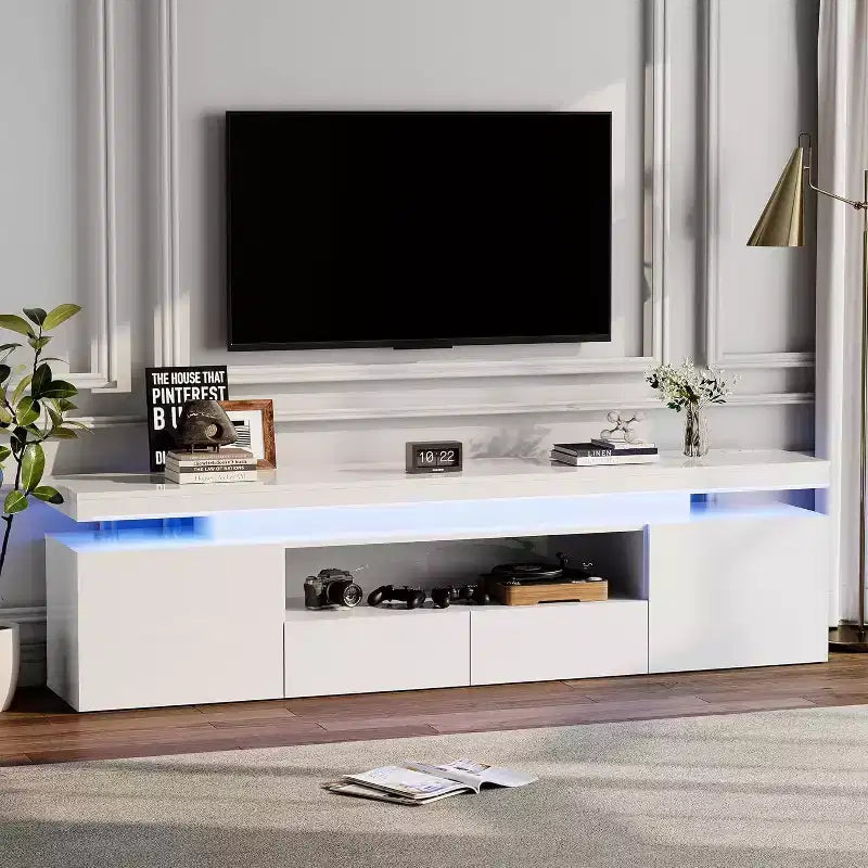 TV Stand for 75/80/85 Inch TV, Modern High Gloss Entertainment Center, Glass Storage Shelves, Media Console Table for Living Room & Bedroom