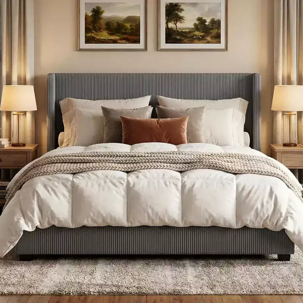 Cadre de lit plateforme Queen Size en velours côtelé, gris, tiroirs de rangement, tête de lit capitonnée à oreilles, aucun sommier tapissier requis