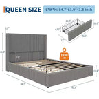 Cadre de lit plateforme Queen Size en velours côtelé, gris, tiroirs de rangement, tête de lit capitonnée à oreilles, aucun sommier tapissier requis