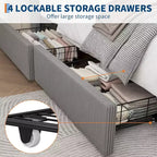 Cadre de lit plateforme Queen Size en velours côtelé, gris, tiroirs de rangement, tête de lit capitonnée à oreilles, aucun sommier tapissier requis