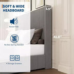 Cadre de lit plateforme Queen Size en velours côtelé, gris, tiroirs de rangement, tête de lit capitonnée à oreilles, aucun sommier tapissier requis