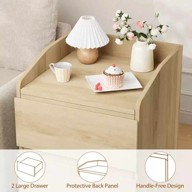 Modern Space-Saving Side Table with 2 Drawers, Wooden Accent Table, Storage Nightstand for Bedroom & Living Room, Natural Wood Finish