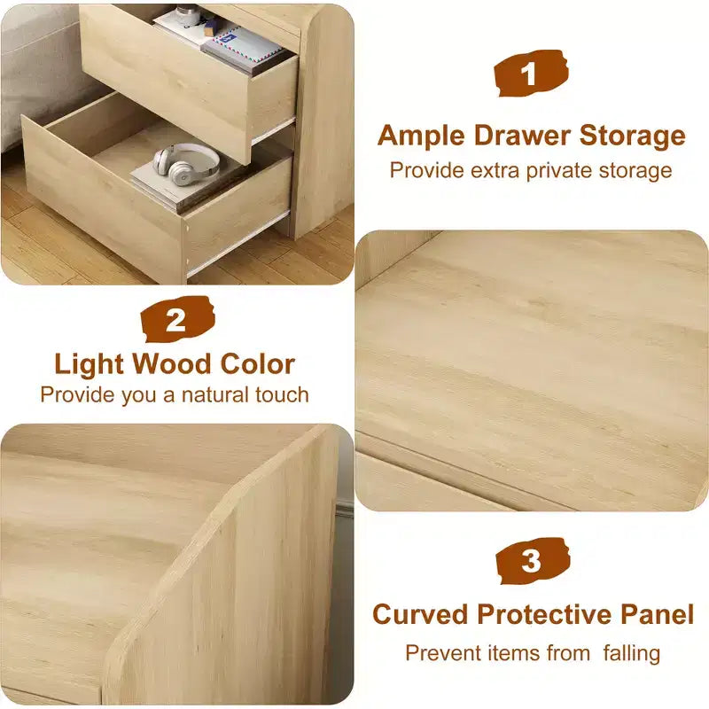 Modern Space-Saving Side Table with 2 Drawers, Wooden Accent Table, Storage Nightstand for Bedroom & Living Room, Natural Wood Finish