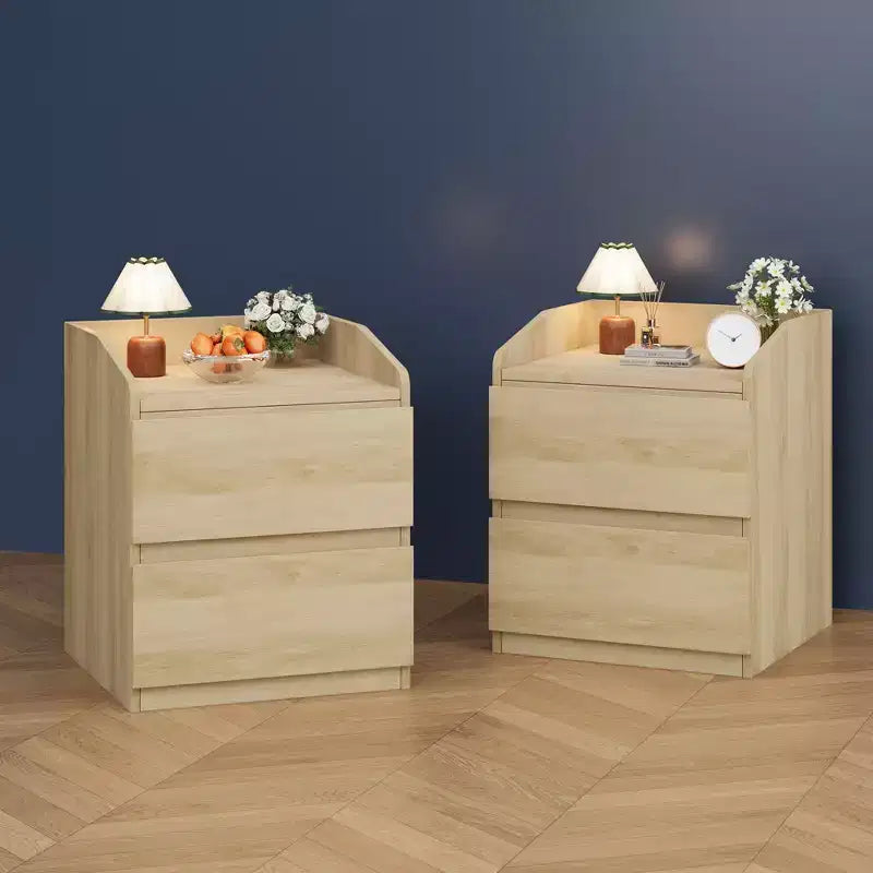 Modern Space-Saving Side Table with 2 Drawers, Wooden Accent Table, Storage Nightstand for Bedroom & Living Room, Natural Wood Finish