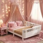 JVNOXK Full Size Wood Platform Bed for Kids, Wood Low Profile Full Bed with Rails for Girls and Boys, White