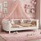 Lit plateforme pleine grandeur en bois pour enfants, lit pleine grandeur bas en bois avec barrières pour filles et garçons, blanc