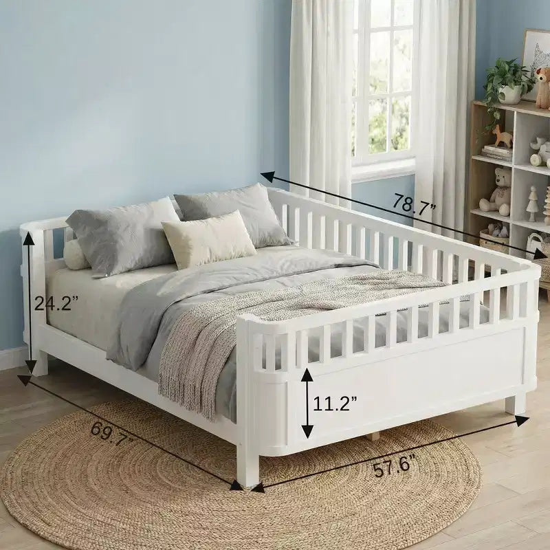 JVNOXK Full Size Wood Platform Bed for Kids, Wood Low Profile Full Bed with Rails for Girls and Boys, White