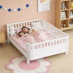 Lit plateforme pleine grandeur en bois pour enfants, lit pleine grandeur bas en bois avec barrières pour filles et garçons, blanc