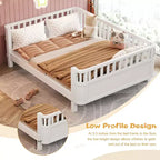 Lit plateforme pleine grandeur en bois pour enfants, lit pleine grandeur bas en bois avec barrières pour filles et garçons, blanc