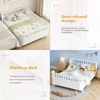 Lit plateforme pleine grandeur en bois pour enfants, lit pleine grandeur bas en bois avec barrières pour filles et garçons, blanc