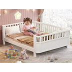 Lit plateforme pleine grandeur en bois pour enfants, lit pleine grandeur bas en bois avec barrières pour filles et garçons, blanc