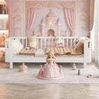 Lit plateforme pleine grandeur en bois pour enfants, lit pleine grandeur bas en bois avec barrières pour filles et garçons, blanc