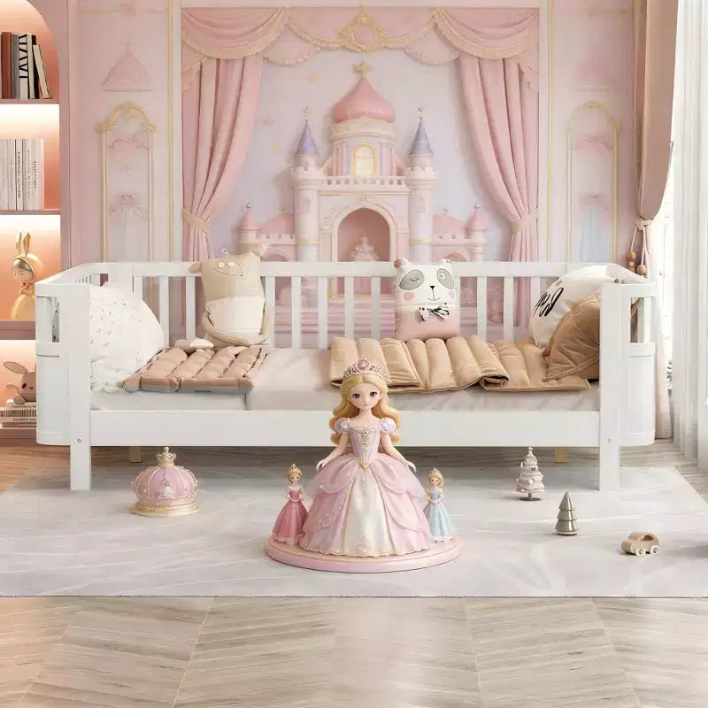 JVNOXK Full Size Wood Platform Bed for Kids, Wood Low Profile Full Bed with Rails for Girls and Boys, White