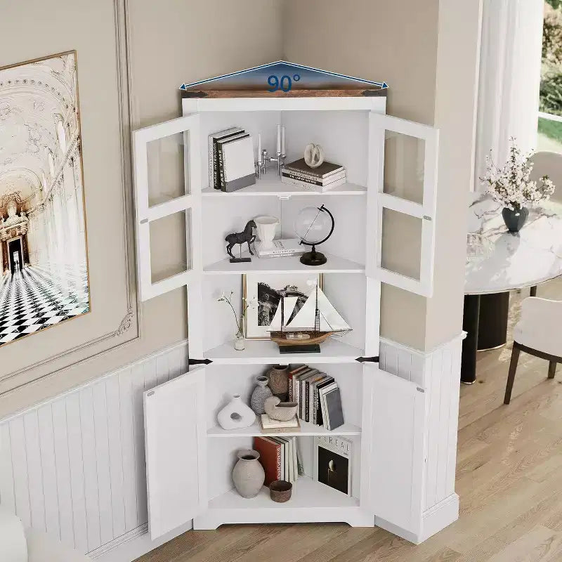 Corner Storage Cabinet, Farmhouse Corner Hutch Display Cabinet with Glass Doors, Wooden Storage Organizer for Living Room, Bathroom