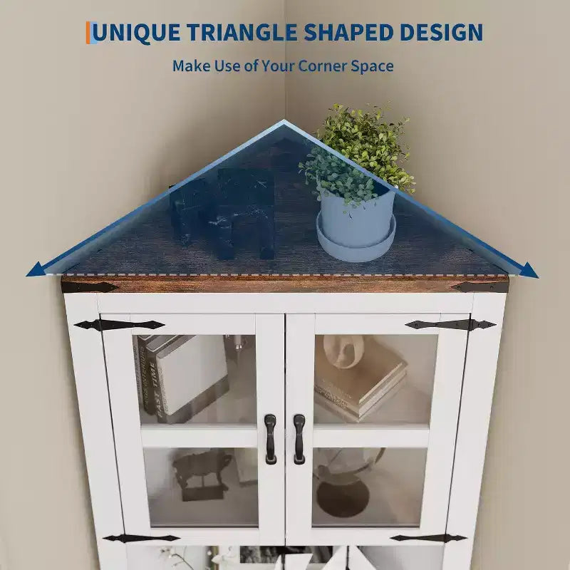Corner Storage Cabinet, Farmhouse Corner Hutch Display Cabinet with Glass Doors, Wooden Storage Organizer for Living Room, Bathroom