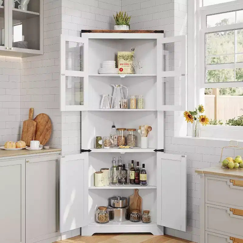 Corner Storage Cabinet, Farmhouse Corner Hutch Display Cabinet with Glass Doors, Wooden Storage Organizer for Living Room, Bathroom