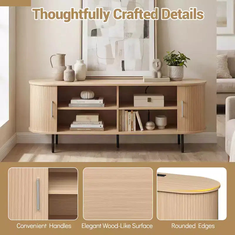 Costway Fluted TV Stand for TVs up to 60, Mid Century Curved Entertainment Center Natural/Walnut
