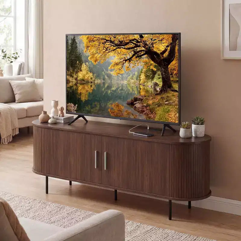 Costway Fluted TV Stand for TVs up to 60, Mid Century Curved Entertainment Center Natural/Walnut