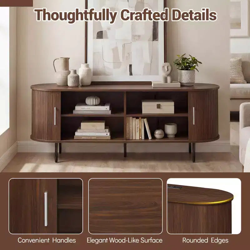 Costway Fluted TV Stand for TVs up to 60, Mid Century Curved Entertainment Center Natural/Walnut