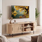 Meuble TV cannelé pour téléviseurs jusqu'à 60 pouces, Meuble TV incurvé de style Mid-Century Noyer/Naturel