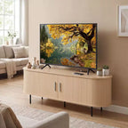 Meuble TV cannelé pour téléviseurs jusqu'à 60 pouces, Meuble TV incurvé de style Mid-Century Noyer/Naturel