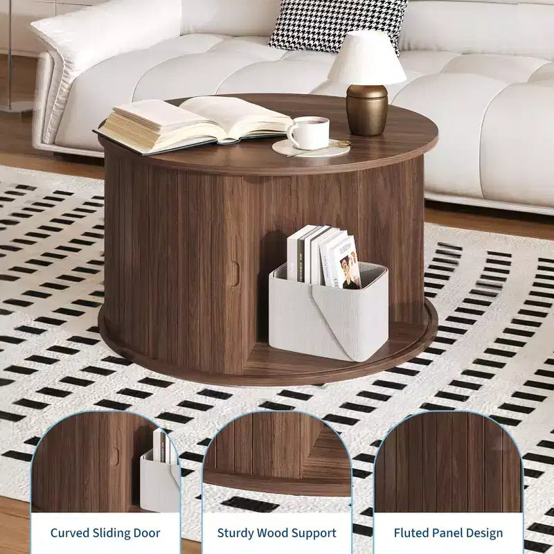 GustoWave 28 Round Coffee Table, Mid-Century Fluted Accent Table with Sliding Door Storage, Modern Living Room Furniture
