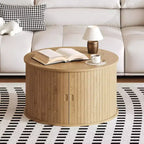 Table basse ronde de 28 po, table d'appoint cannelée de style Mid-Century avec rangement à porte coulissante, mobilier de salon moderne