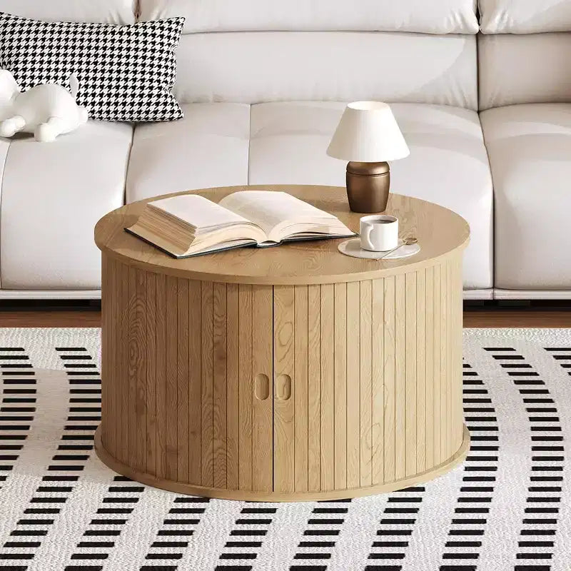 GustoWave 28 Round Coffee Table, Mid-Century Fluted Accent Table with Sliding Door Storage, Modern Living Room Furniture