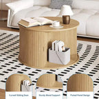 Table basse ronde de 28 po, table d'appoint cannelée de style Mid-Century avec rangement à porte coulissante, mobilier de salon moderne
