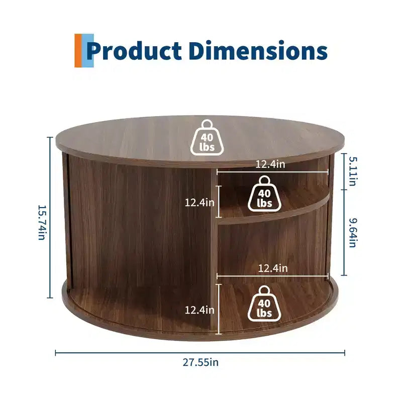 GustoWave 28 Round Coffee Table, Mid-Century Fluted Accent Table with Sliding Door Storage, Modern Living Room Furniture