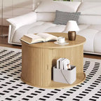 GustoWave 28 Round Coffee Table, Mid-Century Fluted Accent Table with Sliding Door Storage, Modern Living Room Furniture