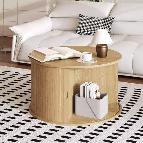 GustoWave 28 Round Coffee Table, Mid-Century Fluted Accent Table with Sliding Door Storage, Modern Living Room Furniture