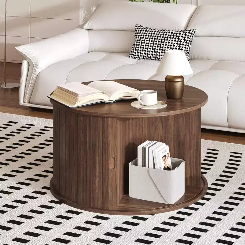 GustoWave 28 Round Coffee Table, Mid-Century Fluted Accent Table with Sliding Door Storage, Modern Living Room Furniture