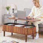 Table basse relevable de 99,06 cm, table basse ovale cannelée avec 3 compartiments cachés, bureau central ovale en bois de style mid-century avec rangement