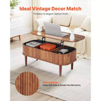 Table basse relevable de 99,06 cm, table basse ovale cannelée avec 3 compartiments cachés, bureau central ovale en bois de style mid-century avec rangement