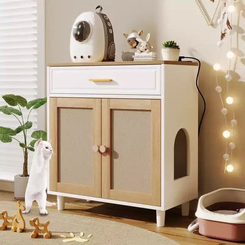 JVNOXK 3 IN 1 Cat furniture, Litter box Enclosure with Cat Scratcher, Cat house Modern Side Table with Storage