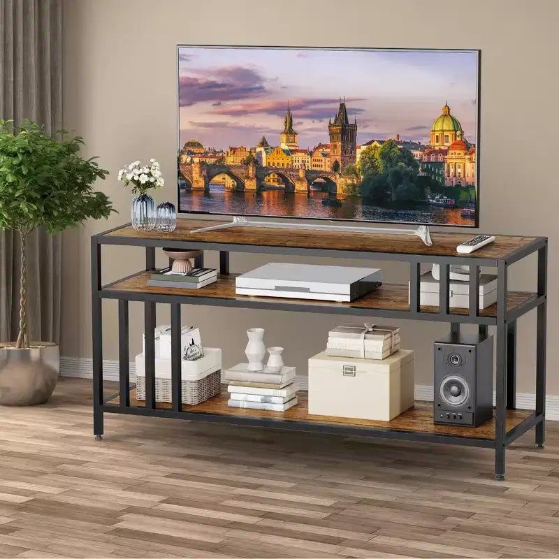65 Inch TV Stand for TVs up to 75 Inch Industrial TV Media Console with 3 Tier Open Shelves Metal Frame Entertainment Center Rustic Brown