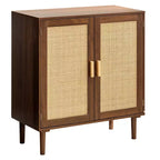 VEVOR Rattan Cabinet, with 2 Magnetic Doors and Adjustable Shelves, Accent Sideboard Buffet with Wooden Legs & Power Cord Hole, Khaki
