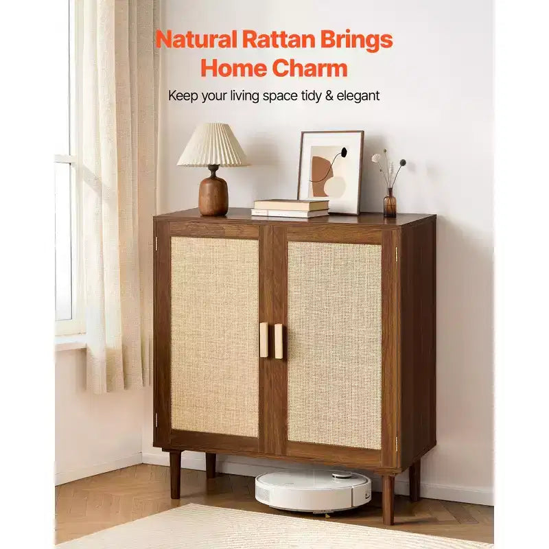 VEVOR Rattan Cabinet, with 2 Magnetic Doors and Adjustable Shelves, Accent Sideboard Buffet with Wooden Legs & Power Cord Hole, Khaki
