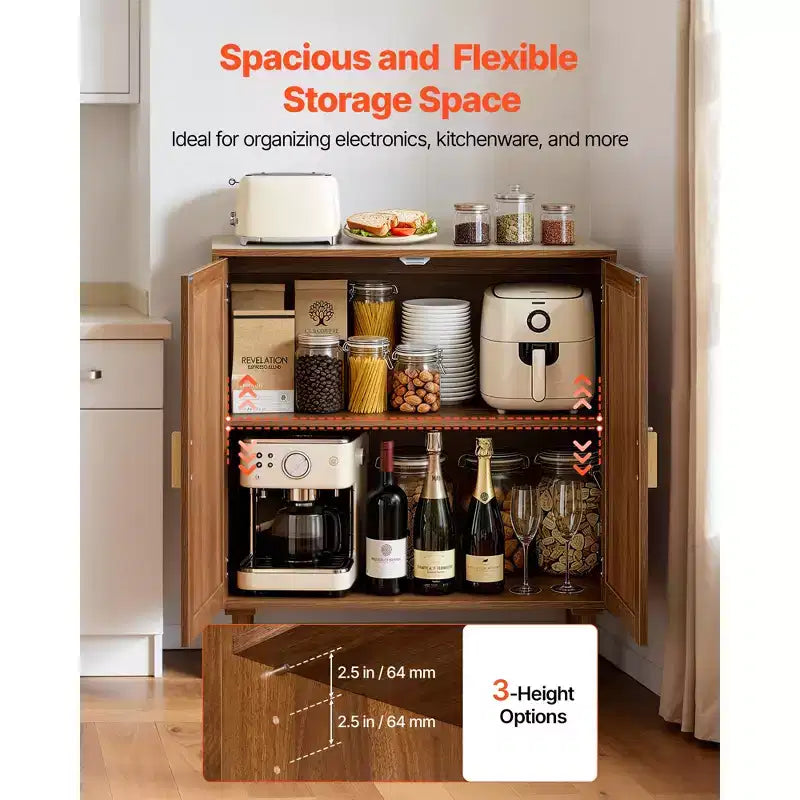 VEVOR Rattan Cabinet, with 2 Magnetic Doors and Adjustable Shelves, Accent Sideboard Buffet with Wooden Legs & Power Cord Hole, Khaki