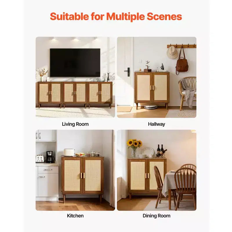 VEVOR Rattan Cabinet, with 2 Magnetic Doors and Adjustable Shelves, Accent Sideboard Buffet with Wooden Legs & Power Cord Hole, Khaki