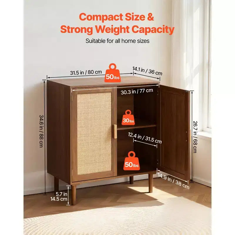 VEVOR Rattan Cabinet, with 2 Magnetic Doors and Adjustable Shelves, Accent Sideboard Buffet with Wooden Legs & Power Cord Hole, Khaki
