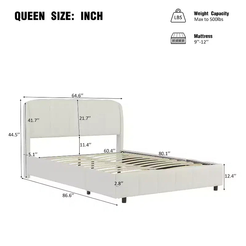 Queen/King Size Upholstered Platform Bed Frame with Soft Headboard, Curve-Shaped, Beige - ModernLuxe