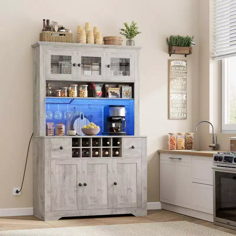 COZONY 68.7 Farmhouse Kitchen Pantry Cabinet with Countertop, Drawers & Adjustable Shelves, Tall Storage Hutch with Bottle Rack