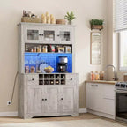 68,7 Armoire de cuisine de ferme avec comptoir, tiroirs et étagères réglables, buffet de rangement haut avec casier à bouteilles