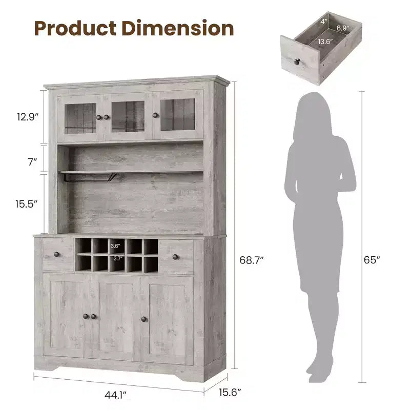 COZONY 68.7 Farmhouse Kitchen Pantry Cabinet with Countertop, Drawers & Adjustable Shelves, Tall Storage Hutch with Bottle Rack