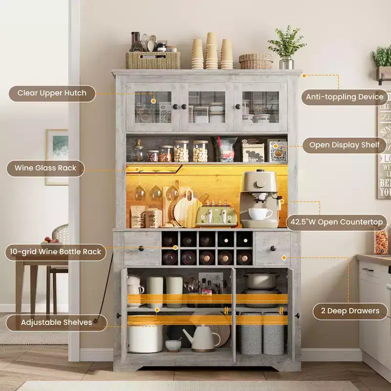 COZONY 68.7 Farmhouse Kitchen Pantry Cabinet with Countertop, Drawers & Adjustable Shelves, Tall Storage Hutch with Bottle Rack