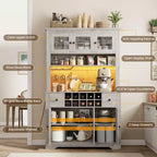 68,7 Armoire de cuisine de ferme avec comptoir, tiroirs et étagères réglables, buffet de rangement haut avec casier à bouteilles