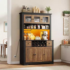68,7 Armoire de cuisine de ferme avec comptoir, tiroirs et étagères réglables, buffet de rangement haut avec casier à bouteilles